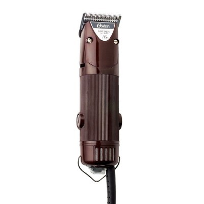 Máquina de cortar cabelo Oster GOLDEN A5 castanha com lâminas metálicas e cabo preto.