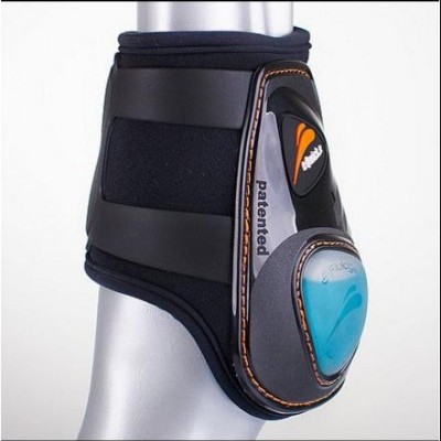 Proteção para tornozelo preta, cinzenta e laranja com ponta azul e velcro