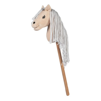 Cavalo de brincar com cabeça de tecido e haste de madeira