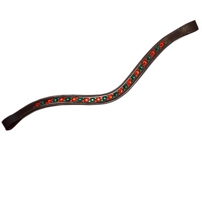 Cabeçada ou peitoral para cavalo em couro castanho decorado com contas vermelhas e verdes