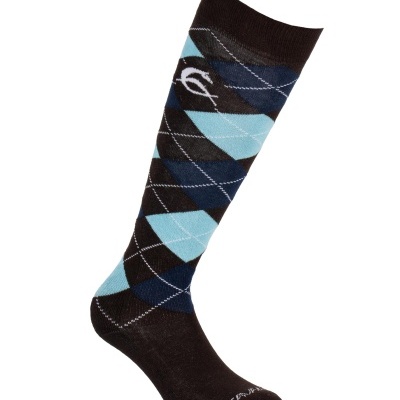 Meia comprida aos losangos azul, preto, com texto ACAVALLO