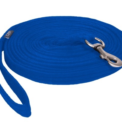 Linha de treino azul com argola metálica e alça de mão sobre fundo branco