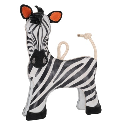 Brinquedo para cachorro em forma de zebra às riscas preto e branco com orelhas laranja e pretas