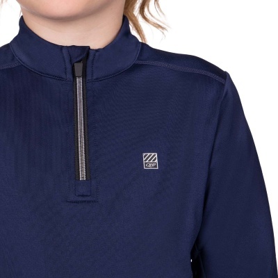 Camisola desportiva azul escuro com fecho de correr parcial e logótipo QUP