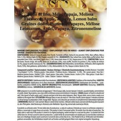 Embalagem de alimento complementar para cavalos com ingredientes e texto em várias línguas