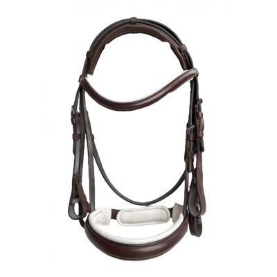 Cabeçada de cavalo em couro castanho escuro com acolchoamento branco