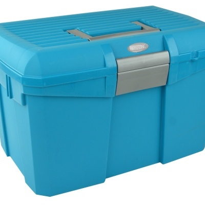 Caixa de arrumação azul com tampa e fecho cinzento