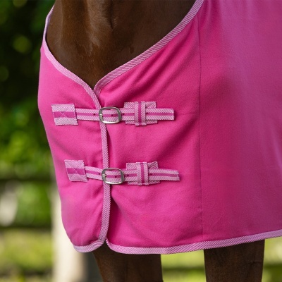 Cobertura cor-de-rosa para cavalo com fivelas metálicas e acabamento riscado