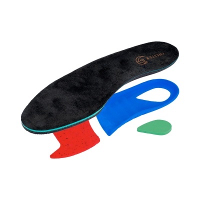 Palmilha anatómica preta com acessórios azul, vermelho e verde