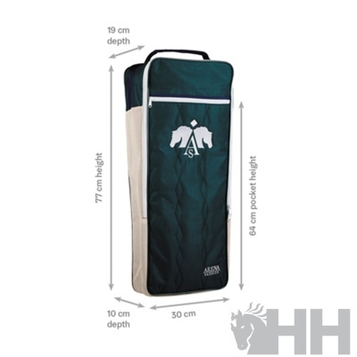 Mala retangular preta e bege com alça e ziper branco medindo 77x30x19 cm