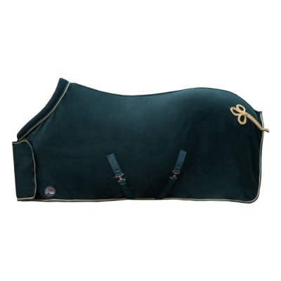 Cobertura para cavalo verde escuro com detalhes amarelos e fivelas ajustáveis