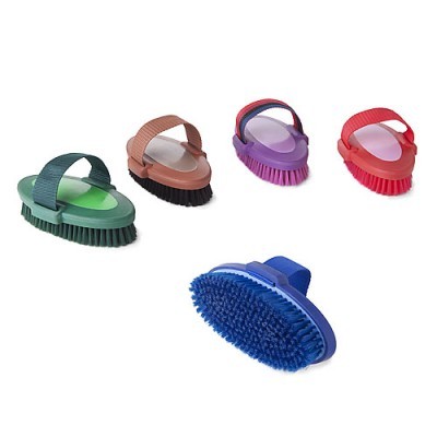 Cinco escovas para limpeza ovaladas coloridas com pega ajustável e cerdas densas.