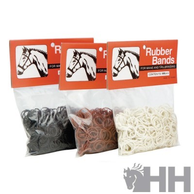 Pacotes de elásticos para crina e rabo de cores preta, castanha e branca com rótulos laranja e imagem de cavalo