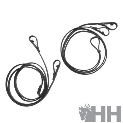 Cabos pretos com ganchos em fundo branco e logótipo HH