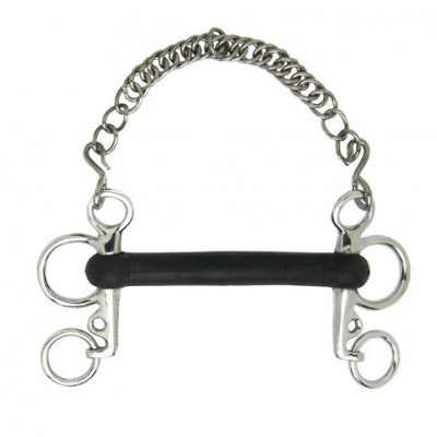 Freio de cavalo metálico com barra preta e corrente prateada