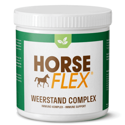 Frasco branco de suplemento Horse Flex com rótulo verde e branco e texto
