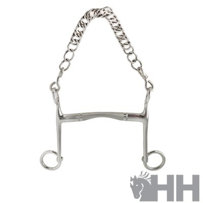 Freio de cavalo em metal prateado com corrente e anéis redondos