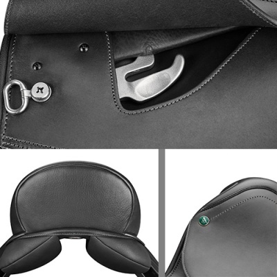 Sela de cavalo preta em couro com detalhes metálicos e costuras, vista de diferentes ângulos