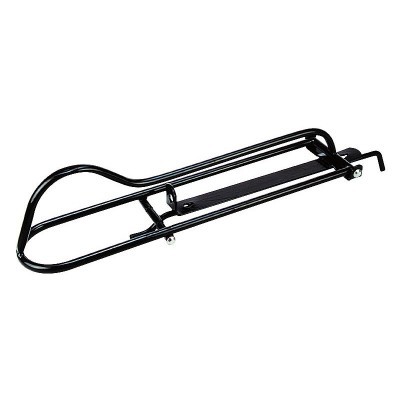 Suporte metálico preto para transporte com estrutura tubular e base plana.
