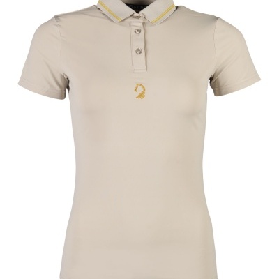 Polo feminina bege com gola com riscas amarelas e botões