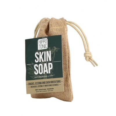 Sabão sólido Hippo Tonic em saco de juta com etiqueta preta e bege