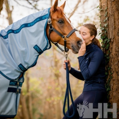 Cavalo com roupa protetora azul e mulher junto a árvore em ambiente ao ar livre.