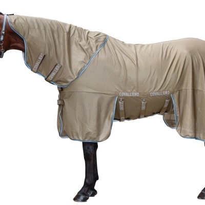 Cavalo com manta de proteção bege e tiras com texto COVALLIERO
