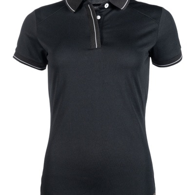 Polo feminina preta com gola e punhos com detalhes em branco