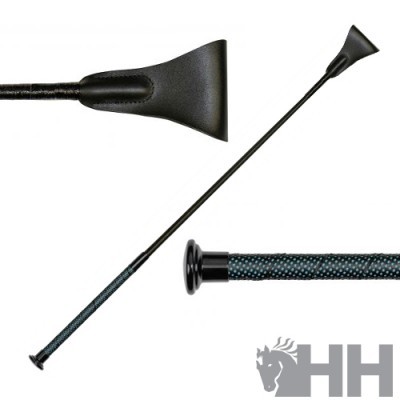 Chibata preta de equitação com cabo antiderrapante azul escuro e ponta de couro