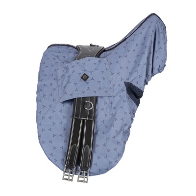 Selim de equitação azul com correias de couro preto