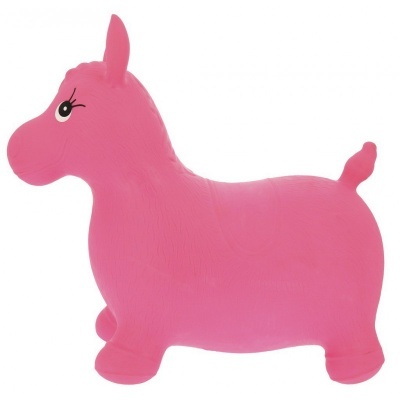 Brinquedo inflável rosa em forma de cavalo com olhos desenhados