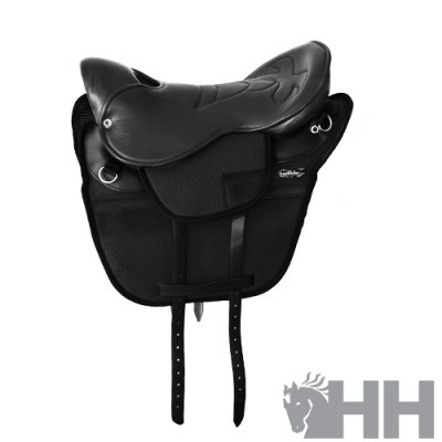 Sela de equitação preta com couro e tecido