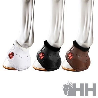 Protetores para cascos de cavalo em branco, preto e castanho com adesivo vermelho em ossos simulados