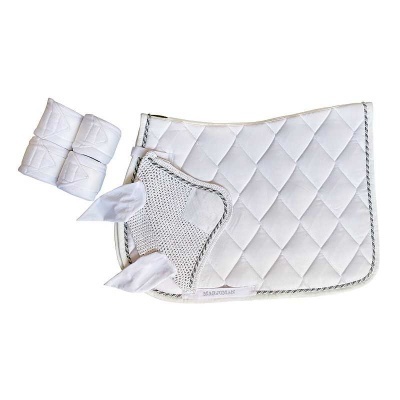 Equipamento branco acolchoado para cavalo com manta e venda