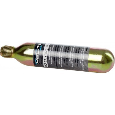 Cartucho de gás CO2 metálico prateado com rótulo e rosca dourada