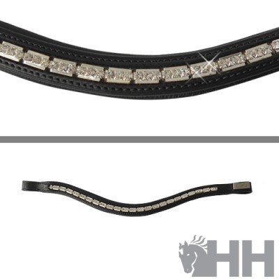 Frontão de couro preto com cristais prateados quadrados e fecho metálico