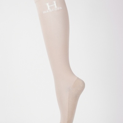 Meia elástica bege com logo branco H HARECON