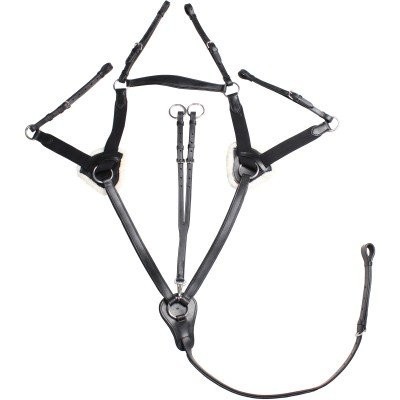 Conjunto de arreio em couro preto com metal prateado e parte acolchoada branca