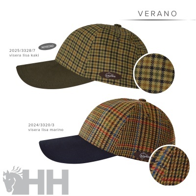 Dois bonés com padrão xadrez castanho e verde com abas lisas kaki e azul-marinho