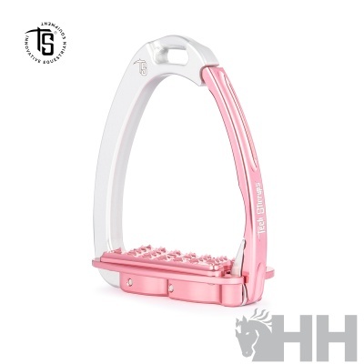 Estribo para cavalo rosa e branco com textura antiderrapante e logotipo TS