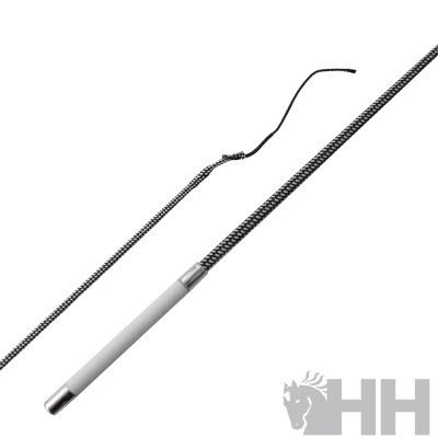 Cabo de couro trançado preto com empunhadura branca e detalhes metálicos