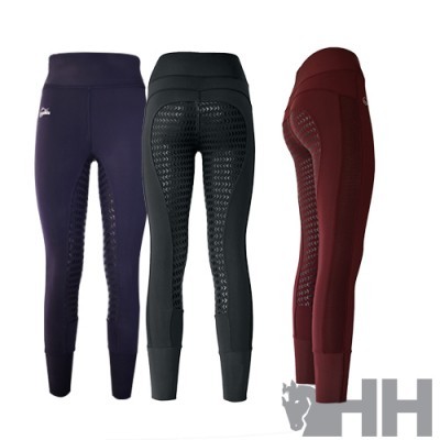 Três leggings desportivas em azul escuro, preto e bordô com painel antiderrapante e cintura alta.