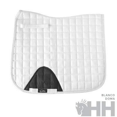 Tapete de sela branco acolchoado com reforço preto e etiqueta Equi-tis