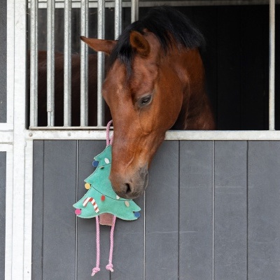 Cavalo na boxe com brinquedo de árvore de Natal