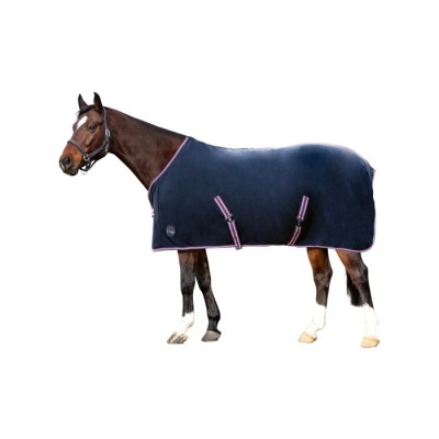 Cobertor azul escuro para cavalo com fechos rosa num cavalo castanho