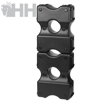 suporte plástico preto modular com orifícios circulares e parafusos