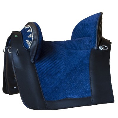 Selim de cavalo azul e preto com proteções acolchoadas azuis e brancas