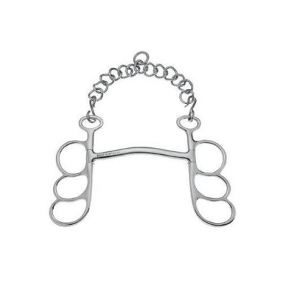 Freio de equitação em metal prateado com argolas e corrente para cavalo