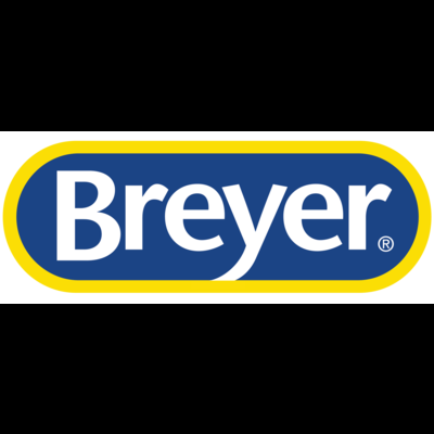 Logótipo da marca Breyer em azul, branco e amarelo