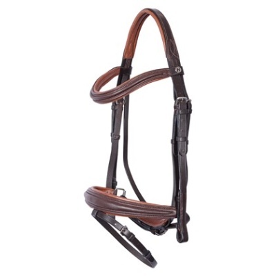 Cabeçada de cavalo em couro castanho escuro com acolchoamento castanho claro